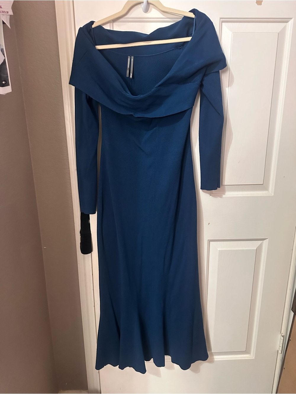 Anthropologie Teal-Blue Off-Shoulder Ribbed Maxi Dress
